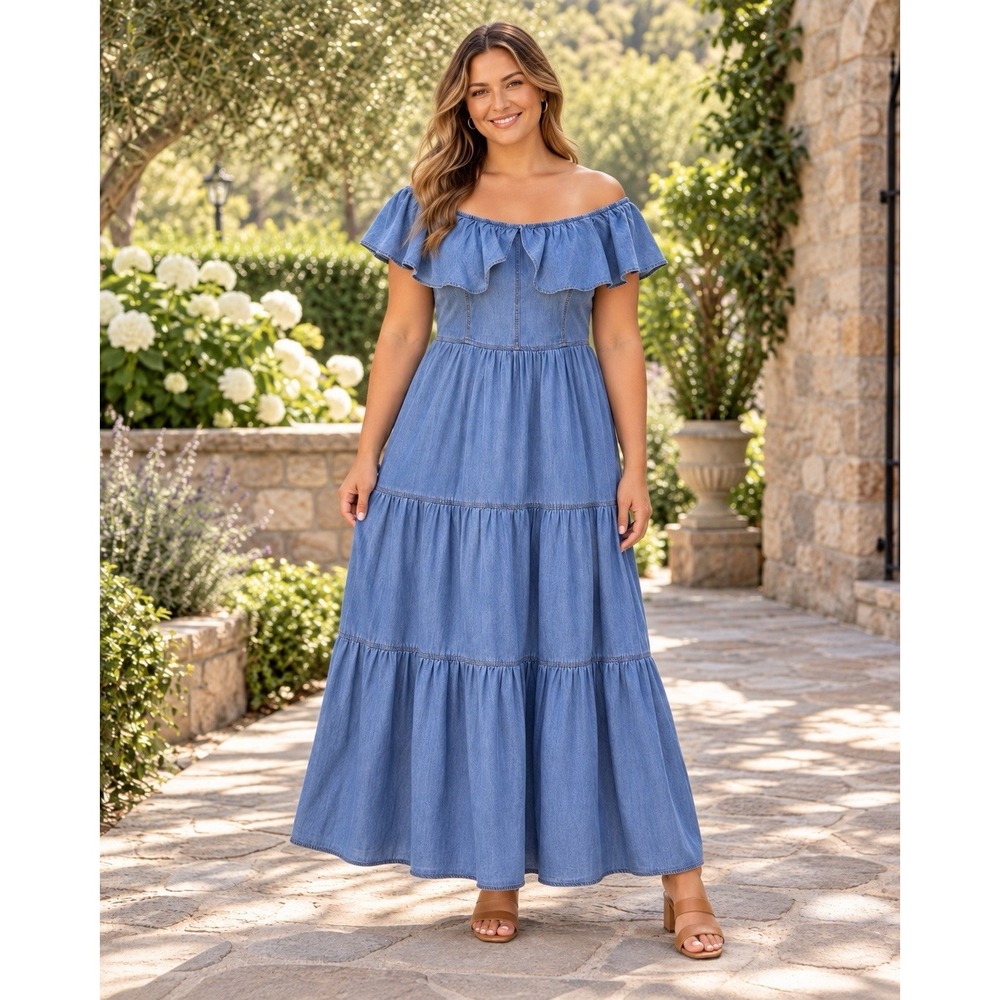 Flying Tomato Womens L Chambray Ruffles Maxi Dress Cottagecore ZZ10